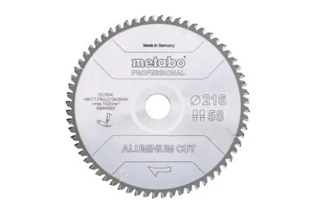 Achat Immédiat Lame de scie « aluminium cut - professional », 216x30 Z58 FZ/TZ 5°neg - 628443000 - METABO