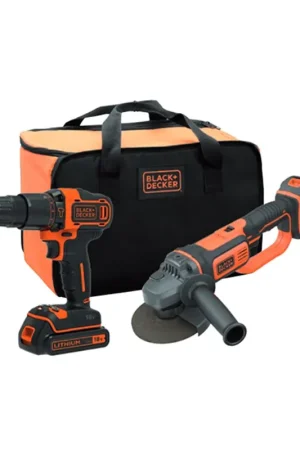 Perceuse à percussion Black+Decker 18 V + ensemble meuleuse 125 mm + 2 batteries 2,0 Ah et sac de transport BCK24D2S-QW Dernière Chance