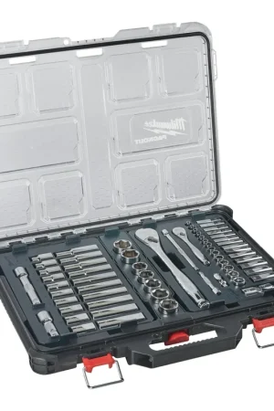 Coffret de douilles Milwaukee 63 pièces avec cliquet 1/4" et 1/2" et organiseur compact et mince Must-Have