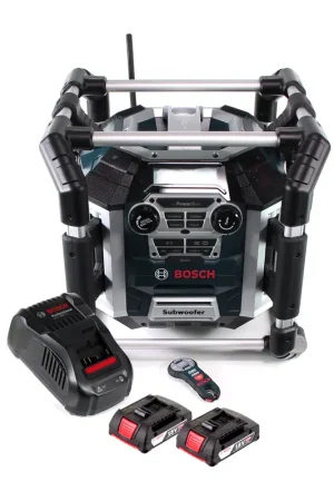 Authentique Bosch GML 50 chargeur radio de batterie radio de chantier 18V 50W IP54 + 2x batteries 2,0Ah + chargeur