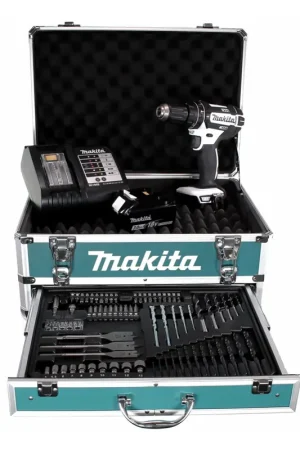 Achat Immédiat Perceuse à percussion sans fil Makita DHP 482 W SFX4 18 V 62 Nm + 1x batterie 3,0 Ah + chargeur + 70 pièces. Coffret forets + coffret