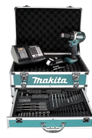 Solde Makita DDF 484 SFX4 Clé à choc sans fil 18V 54Nm Brushless + 1x batterie 3,0Ah + chargeur + 70tlg. Jeu de forets à embouts + Coffret