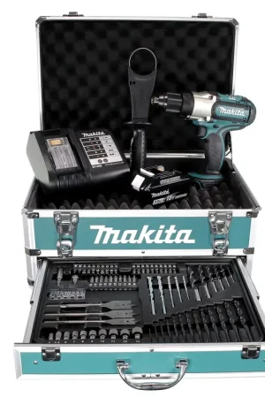 Makita DDF 451 SFX4 Perceuse-visseuse sans fil 18V 80Nm + 1x batterie 3,0Ah + chargeur + 70tlg. Jeu de forets à embouts + Coffret Usine Directe