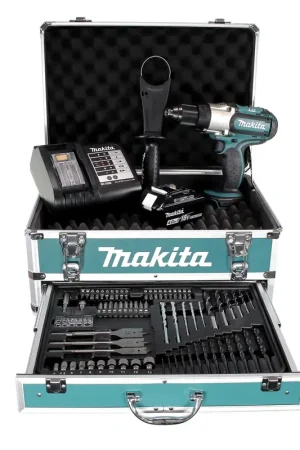 Haute Qualité Makita DDF 451 SMX4 Perceuse-visseuse sans fil 18V 80Nm + 1x batterie 4,0Ah + chargeur + 70tlg. Jeu de forets à embouts + Coffret