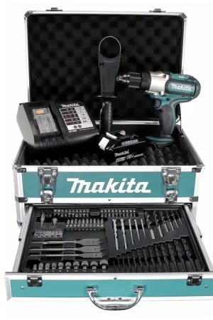 Offre Exclusive Makita DDF 451 SGX4 Perceuse-visseuse sans fil 18V 80Nm + 1x batterie 6,0Ah + chargeur + 70tlg. Jeu de forets à embouts + Coffret