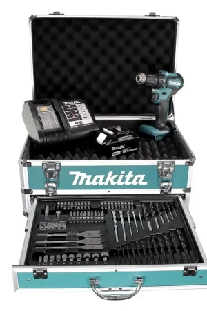 Makita DDF 483 SMX4 perceuse-visseuse sans fil 18 V 40 Nm sans balais + 1x batterie 4,0 Ah + chargeur + 70 pièces. Coffret forets + coffret Prix Promo