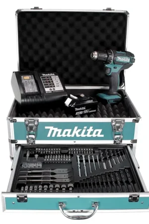 Soldes Perceuse-visseuse sans fil Makita DDF 482 SFX4 18 V 62Nm + 1x batterie 3,0Ah + chargeur + 70 pièces. Coffret forets + coffret