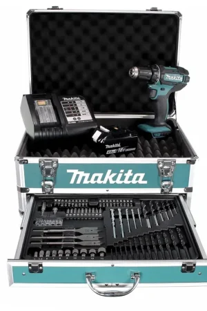 Dernier Modèle Perceuse-visseuse sans fil Makita DDF 482 SMX4 18 V 62 Nm + 1x batterie 4,0 Ah + chargeur + 70 pièces. Coffret forets + coffret