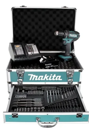 Satisfait Ou Remboursé Perceuse-visseuse sans fil Makita DDF 482 SGX4 18 V 62 Nm + 1x batterie 6,0 Ah + chargeur + 70 pièces. Coffret forets + coffret