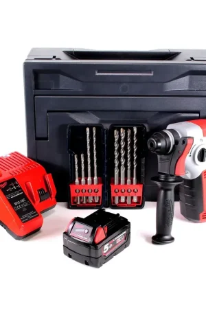 Marque Marteau perforateur à batterie Milwaukee M18 BH-501M 18V 1,2J SDS-plus + 1x batterie 5,0Ah + chargeur + 8 pièces. Coffret de forets + M-Box