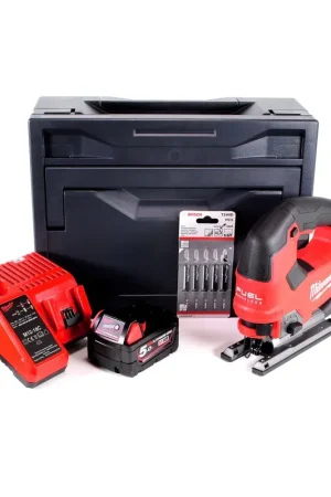 Scie sauteuse à batterie Milwaukee M18 FJS-501M 18V brushless + 1x batterie 5,0Ah + chargeur + 5x lame de scie sauteuse + M-Box Meilleur Choix