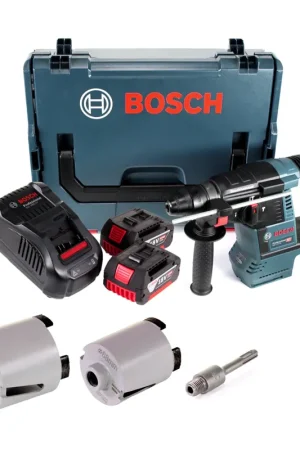 Prix Promo Marteau perforateur sans fil Bosch GBH 18V-26 18V 2,6J SDS plus brushless + 2x batteries 5,0Ah + chargeur + accessoires couronnes de douilles + L-Boxx