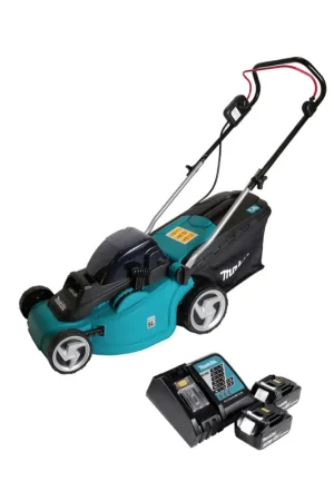 Offre Limitée Makita DLM 380 RF2 tondeuse à gazon à batterie 36V (2x18V) 38cm + 2x batterie 3,0 Ah + chargeur