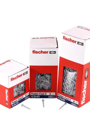 Authentique Vis pour panneaux d'aggloméré Fischer Power-Fast II FPF II 4,0x40 mm 200 pièces (670159) tête fraisée avec filetage complet Torx, galvanisées, passivée bleue