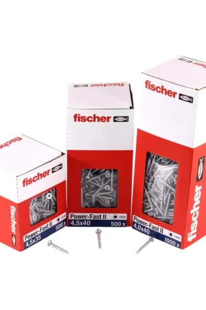 Fischer Power-Fast II FPF II Vis à bois aggloméré 4,0x45mm,Tête fraisée, Torx, Filetage total, Zingué blanc, Passivé bleu, 500pcs. (670161) Prix Promo