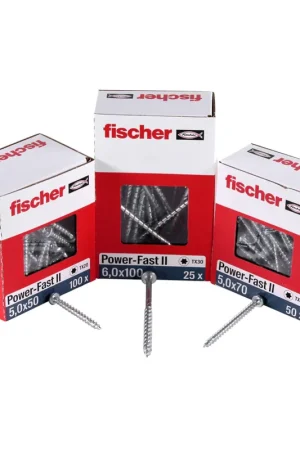 Authentique Fischer Power-Fast II FPF II Vis à bois aggloméré 5,0x25 mm, 200 pcs. Pan Head avec empreinte Torx, filetage total, zingué et passivé blanc (670436)