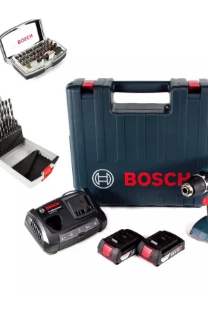 Perceuse-visseuse sans fil Bosch GSR 18V-21 18V 55Nm (06019H1070) + 2x batterie 2,0Ah + chargeur + 19 pièces. Coffret de forets + jeu d'embouts 32 pièces + coffret Populaire