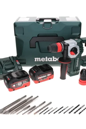 Metabo KHA 18 LTX BL 24 Marteau combiné à batterie rapide 18 V 2,2 J SDS-plus sans balais + 2 batteries LiHD 5,5 Ah + chargeur + jeu de burins et de forets 16 pièces. FDS plus + MetaLoc Prix Cassé