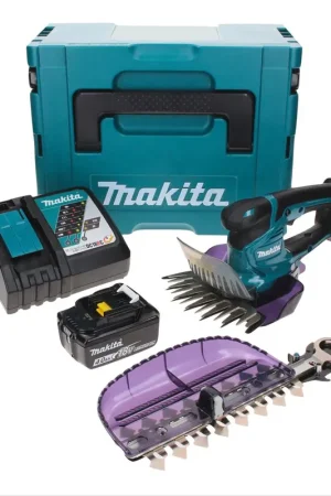 Promotion Saisonnière Cisaille à gazon sans fil Makita DUM 604 RM1XJ 18 V avec lame de cisaille à herbe et arbustes + 1x batterie 4,0 Ah + chargeur + Makpac