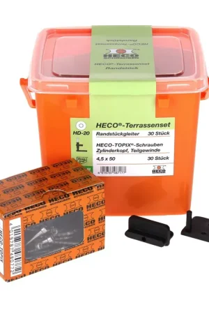 HECO Set de fixations pour terrasse, 30 pcs + Vis pour plancher HECO TOPIX 4,5 x 50 mm HD 20 + Coffret ( 48717 ) Nouvelle Collection