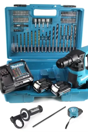 Makita HR 140 DSAE1 Perceuse à percussion sans fil 10.8 V SDS-Plus + Coffret + 64 pièces d'accessoires + 2x Batteries 2,0 Ah + Chargeur Meilleur Prix