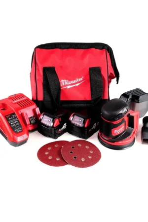 Achetez Aujourd'hui Milwaukee M18 BOS125-402B Ponceuse orbitale exentrique sans fil 18V 125mm + 2x Batteries, + Chargeur + Sac de transport