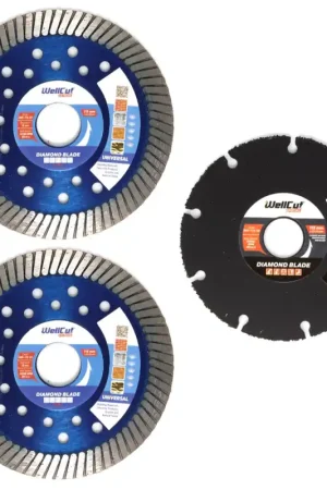 Offre Exclusive WellCut 115x22,2mm Jeu de disques à tronçonner diamantés + 2x Turbos universel (888 - 115 / 22) + Spécial (334 - 115 / 22)