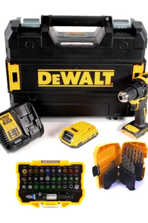 Dernier Modèle DeWalt DCD 708 D1T Perceuse-visseuse sans fil 18 V 65 Nm sans balais + 1 batterie 2,0 Ah + chargeur + embouts pour métaux, jeu de 61 pièces + TSTAK