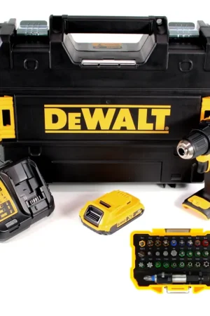 Perceuse-visseuse sans fil DeWalt DCD 708 D1T 18V 65Nm sans balais + 1x batterie 2,0Ah + chargeur + jeu d'embouts 32 pièces. + TSTAK Dernier Modèle