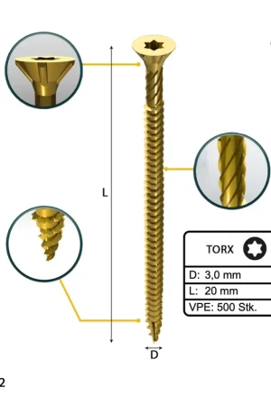 Prix Promo FORTE Tools Vis à bois universelles 3,0 x 20 mm T10, Galvanisée jaune, Tête fraisée Torx, Filetage total, 500 pcs. (000051399462)