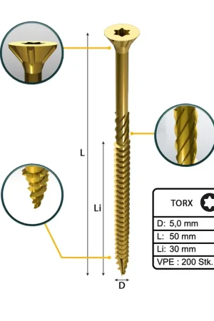 FORTE Tools Vis à bois universelle 5,0 x 50 mm T25 200 pièces (000051399486) tête fraisée Torx galvanisée jaune filetage partiel Promotion Saisonnière