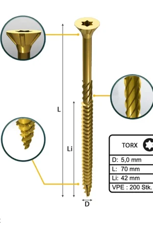 FORTE Tools Vis à bois universelle 5,0 x 70 mm T25, Galvanisée jaune, Tête fraisée Torx, Filetage partiel, 200 pcs. (000051399488) Meilleur Choix