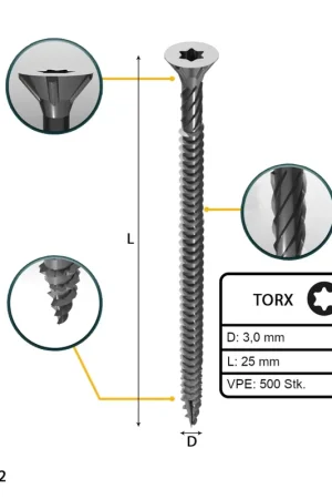 FORTE Tools Vis à bois universelle 3,0 x 25 mm T10, Argent galvanisé, Tête fraisée Torx, Filetage total, 500 pcs. (000040113858) Réduction