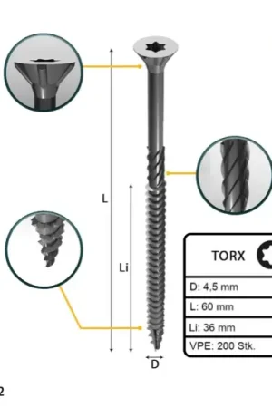 Bon Plan FORTE Tools Vis à bois universelle 4,5 x 60 mm T20, Argent galvanisé, Tête fraisée Torx, Filetage partiel, 200 pcs. (000040113875)