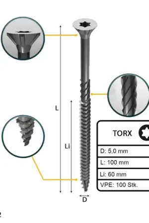 Commander Vite FORTE Tools Vis à bois universelle 5,0 x 100 mm T25, Argent galvanisé, Tête fraisée Torx, Filetage partiel, 100 pcs. (000040113878)