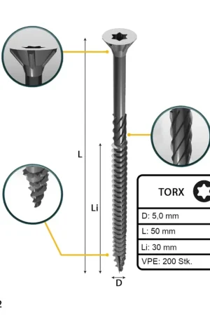 Certifié FORTE Tools Vis à bois universelle 5,0 x 50 mm T25, Argent galvanisé, Tête fraisée Torx, Filetage partiel, 200 pcs. (000040113881)