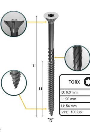 Commander Maintenant FORTE Tools Vis à bois universelle 6,0 x 90 mm T30, Argent galvanisé, Tête fraisée Torx, Filetage partiel, 100 pcs. (000040113892)