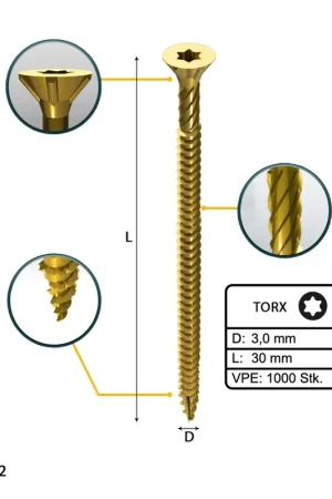 Certifié FORTE Tools vis à bois universelle 3,0 x 30 mm T10 1000 pièces (2x 000051399464) tête fraisée Torx galvanisée jaune filetage complet