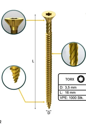 Acheter En Ligne FORTE Tools Vis à bois universelle, 3,5 x 16 mm, T15, Galvanisée jaune, Tête fraisée Torx, Filetage total, 1000 pcs. (2x 000051399465 )