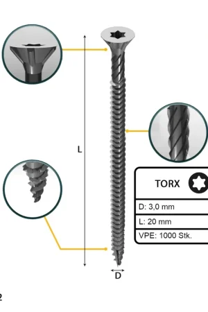 FORTE Tools Vis à bois universelle 3,0 x 20 mm T10, Argent galvanisé, Tête fraisée Torx, Filetage total, 1000 pcs. Quantité Limitée