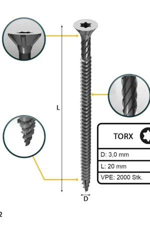 FORTE Tools Vis à bois universelle 3,0 x 20 mm T10, Argent galvanisé, Tête fraisée Torx, Filetage total, 2000 pcs. (4x 000040113857) Expédié Aujourd'hui