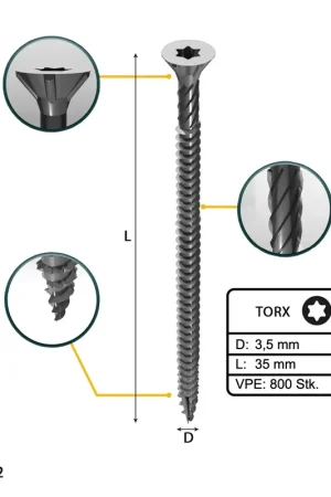 FORTE Tools Vis à bois universelle 3,5 x 35 mm T15, Argent galvanisé, Tête fraisée Torx, Filetage total, 800 pcs. (4x 000040113864) Certifié