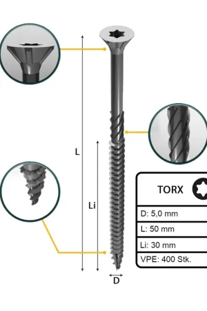Authentique FORTE Tools Vis à bois universelle 5,0 x 50 mm T25, tête fraisée Torx, filetage partiel, galvanisé argenté, 400 pcs. (2x 000040113881)