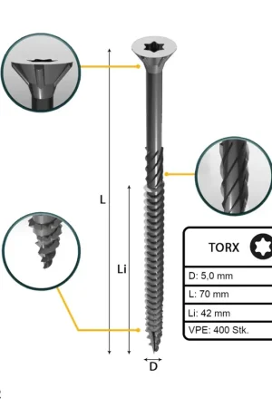 Achat Immédiat FORTE Tools Vis à bois universelles 5,0 x 70 mm T25, Argent galvanisé, Tête fraisée Torx, Filetage partiel, 400 pcs. (2x 000040113883)