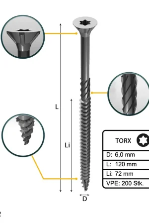 Soldes FORTE Tools Vis à bois universelle 6,0 x 120 mm T30, Argent galvanisé, Tête fraisée Torx, Filetage partiel, 200 pcs. (2x 000040113887)