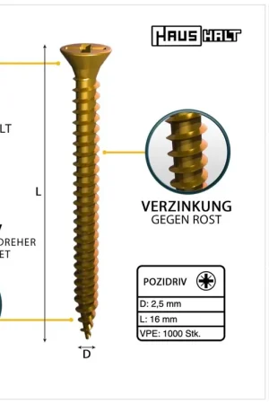 HausHalt Vis universelle pour bois 2,5 x 16 mm PZ1 - 1000 pièces (000051371121) jaune zingué Phillips Pozidriv Commande En Gros
