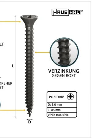 HausHalt Vis à bois universelle 3,0 x 35 mm PZ1 - 1000 pièces (2x 000051371099) Offre Exclusive