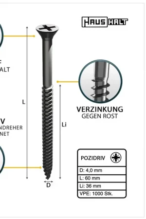 Remise HausHalt Vis à bois universelle 4,0 x 60 mm PZ2 - 1000 pièces (4x 000051371154)