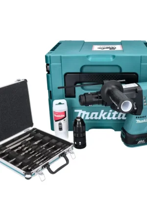 Authentique Makita DHR 243 ZJ marteau perforateur sans fil 18 V 2,0 J SDS plus sans balais + jeu de 13 perceuses et burins + Makpac - sans batterie, sans chargeur