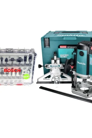 Produit De Marque Makita RP 2303 FCXJ Défonceuse 2100 watt 70 mm stroke + stop + 15 pcs. tool set jeu de fraises + Makpac